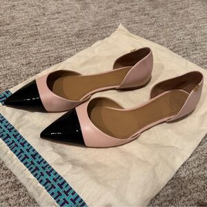 Tory Burch Leather Point Toe Ballet Flats Nude Black BNWT 9 1/2 Shoes